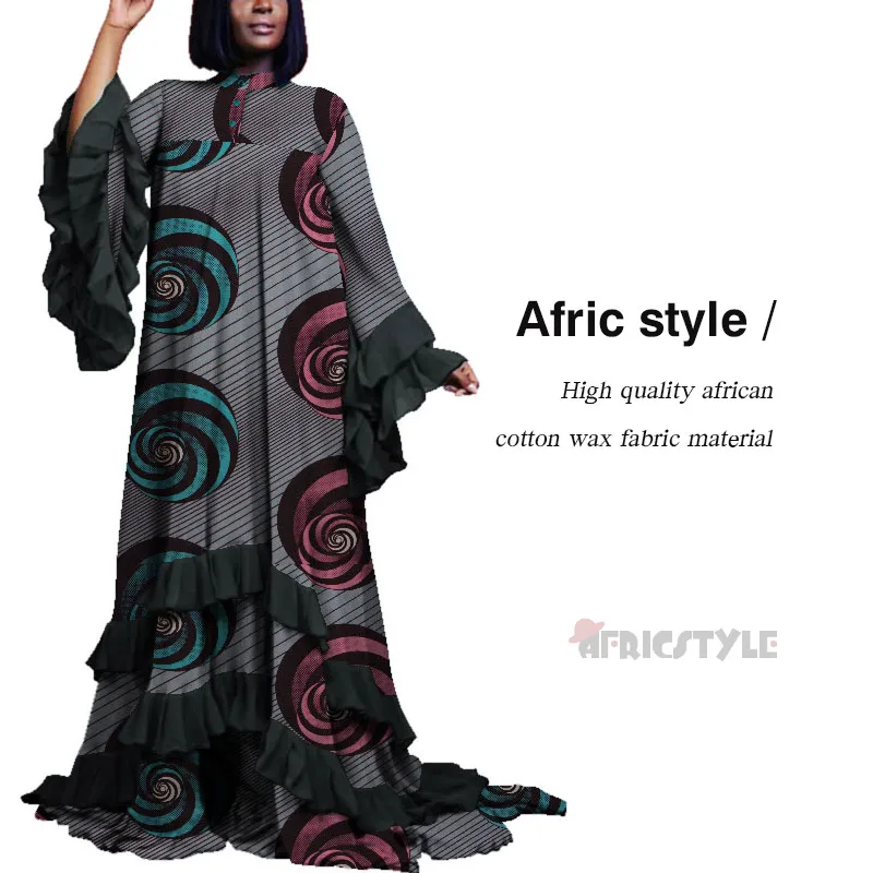 Африканская леди Дашики Платье с традиционным принтом платья Африканский Базен экзотическое платье с воланами длинный рукав WY5357