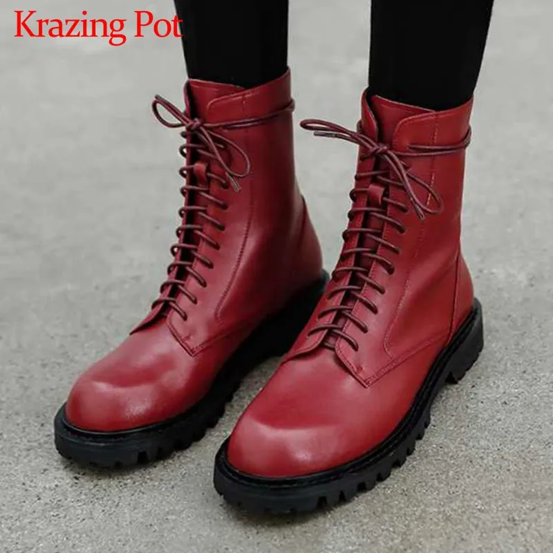 Krazing Pot/классические, винтажные, на шнуровке, из коровьей кожи, в сдержанном стиле, с круглым носком, однотонные, сохраняющие тепло, модные, красивые женские сапоги до середины икры, L0f1