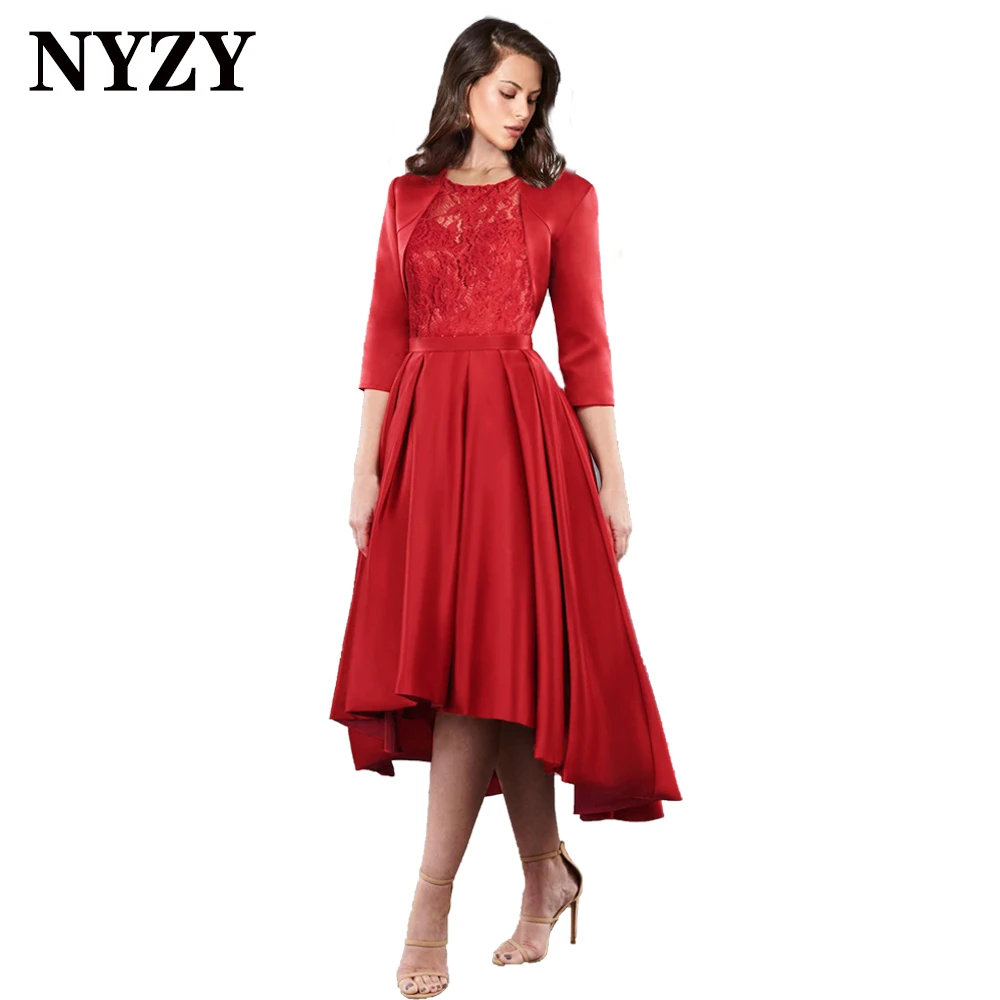 

M367A NYZY Red Mother of the Bride Dresses 2021 Satin 3/4 Sleeves Formal Dress Wedding Party Dress Guest Wear Church Suits
