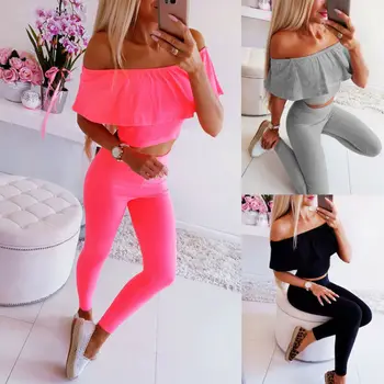 

Women Clothes Set Ladies Solid Fitness Stretch Short Sleeve Off Shoulder Crop Top Long Pencil Pants Tracksuit Solid 2PCs