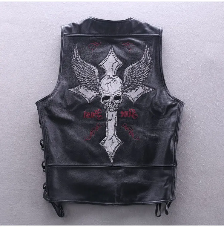 

Fashion Genuine Men Slim Fit Embroidery Cowskin Leather Motorcycle Biker Vest V-neck Collar Short Coat