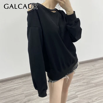 

GALCAUR Hole T Shirt For Women O Neck Long Sleeve Off Shouder Knitting Pullover Designer T Shirts Female 2020 Fashion New Tide
