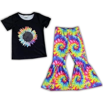 

short sleeve tie dye sunflower print with tight pant girl outfits