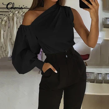 

Celmia Plus Size Women Solid Blouses Elegant Work Party Tops Casual Loose Shirts Ladies Sexy Cold Shoulder Blusas Femininas 5XL