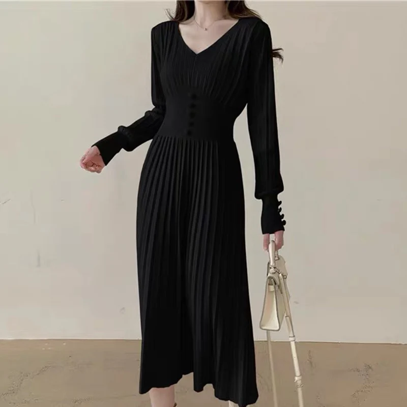 Autumn Winter French Drsss Women Sexy V-neck Mid-length Pleated Knitted Dress Woman Casual Solid High Waist A Line Vintage  | Женские платья -1005003207322821