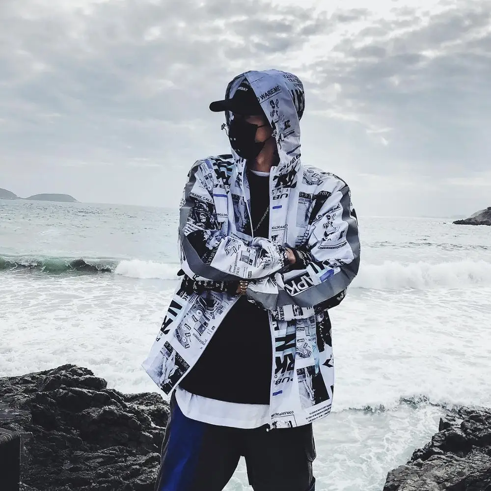 discount  Harajuku Color Block Jacket Streetwear Mens Hip Hop Windbreaker Jacket Printed Street Dance Jacket 