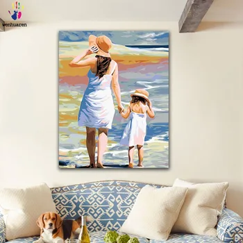 

DIY Painting Picture Coloring Paints on The Beach by Numbers Mother and Daughter Figure Painting 40x50 50x60 Canvas One Piece