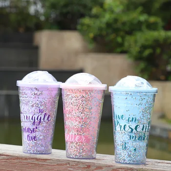 

Cold Insulation Plastic Water Bottle With Straw Glitter Coffee Water Cup Outdoor Office School Camping