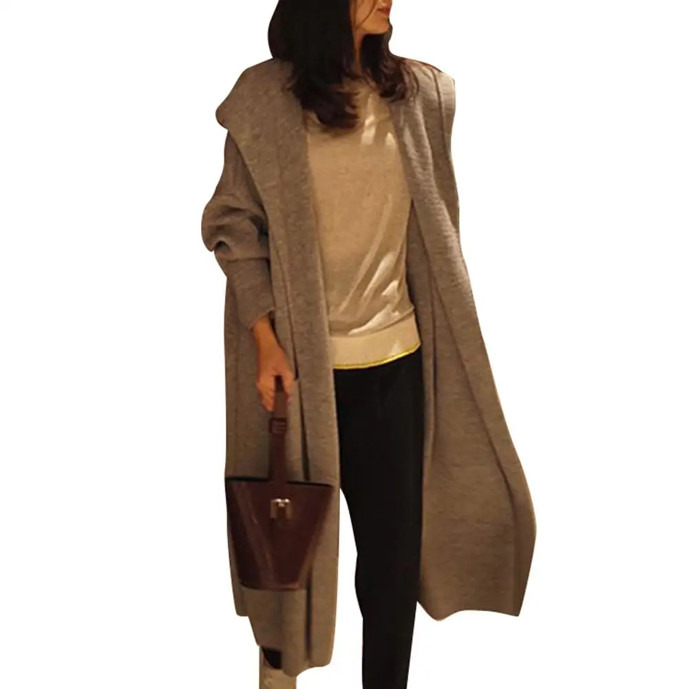 

Women Solid Color Autumn Over-Knee Length Hooded Knitwear Loose Coat Cardigan