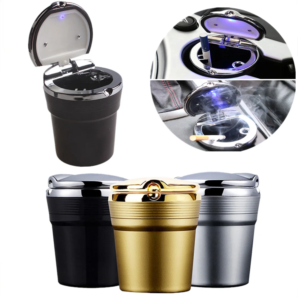 Portable Car Cigarette Ashtray With LED Light Universal Cylinder Holder Gas  Bottle Smoke Cup Cigar Container Interior Accessory