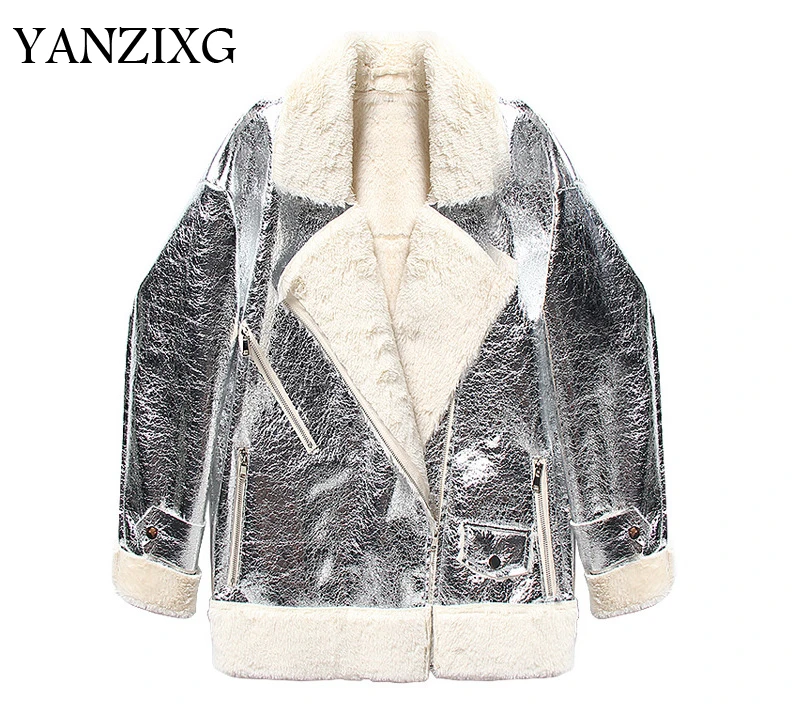 

Loose Fit Pu Leather Lambswool Thickening Big Size Jacket New Lapel Long Sleeve Women Coat Fashion Autumn Winter 2019 Z825