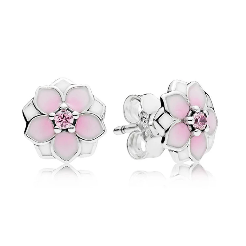 

Authentic 925 Sterling Silver Original Magnolia Blooms Europe Stud Earrings For Women Bead Charm Gift DIY Jewelry