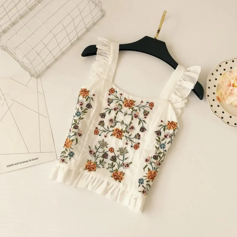 

Bohemian Flower Embroidery Women Blusas Sexy Sleeveless Ruffles Slim Crop Top Summer Fashion Ladies Blouse