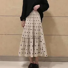 Модная бархатная плиссированная длинная юбка в горошек, женская повседневная черная серая бежевая миди-юбка с высокой талией, Женская трапециевидная Макси-юбка