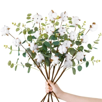

6 PCS Cotton Stems Decor with Eucalyptus Leaves 4 Cotton Heads for Farmhouse Style Floral Decorations
