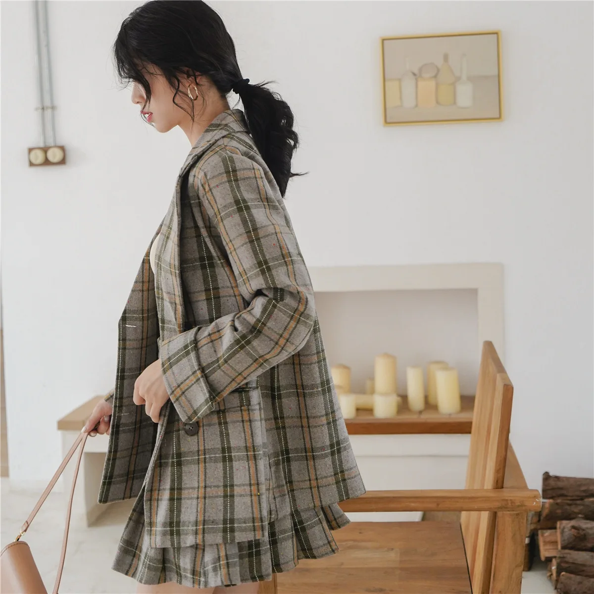 Autumn Korean-style Simple Hong Kong Style Elegant Non-mainstream Retro Plaid Suit Jacket+ Pleated Skirt Short Skirt Two-P