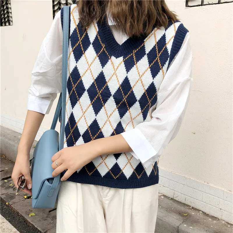 Women Sleeveless Pullover Fall Korean Preppy Style Vintage Argyle Plaid V Neck Knitted Sweater Vest Knitwear Waistcoat T441