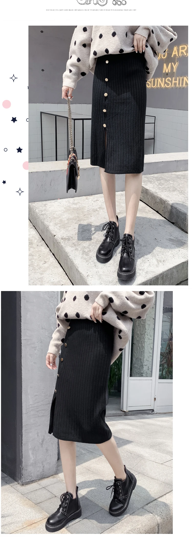 Genayooa Vintage Knitted Skirts Women Split Elegant Midi Skirt Women High Waist Elastic Skirt Pencil Streetwear Fashion