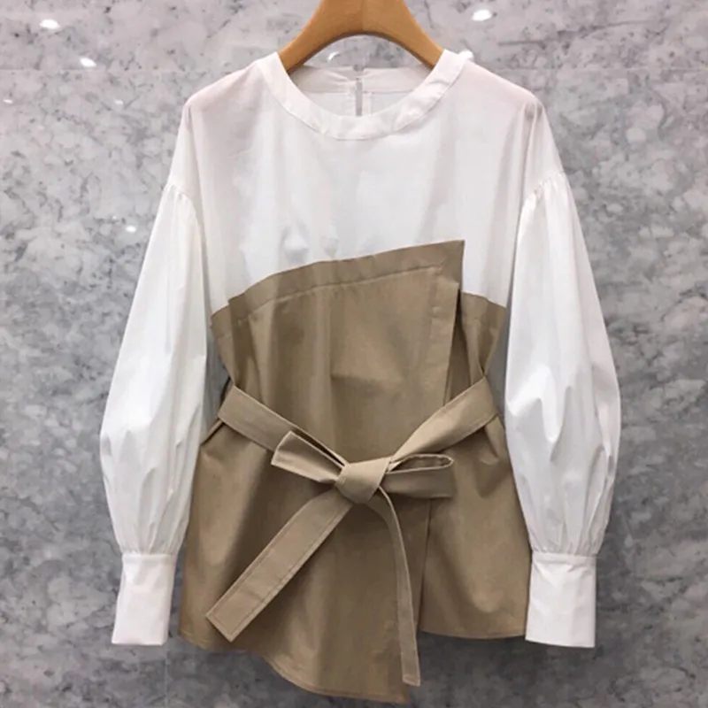

[EWQ] Patchwork Tops Female High Tail Top Up Laters Long Arm Forged Two Pieces Set Women's Shirt Korean Fashion Shirt QK54300XL