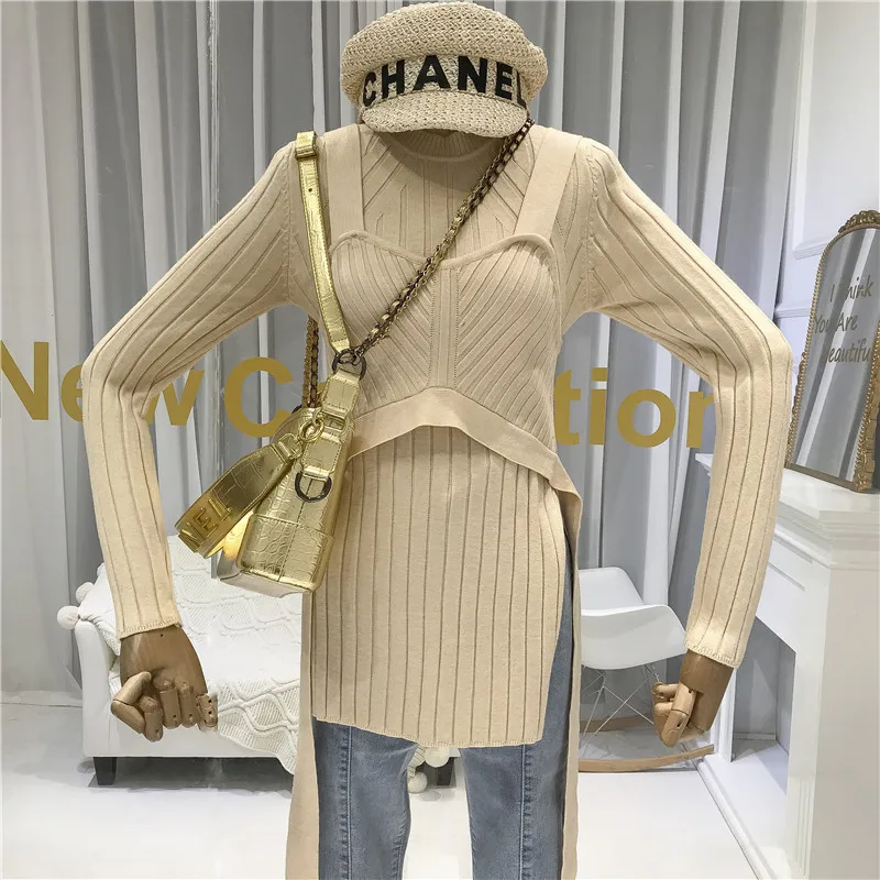 

Sweaters Fashion 2019 Women High Street Long Top+vest Solid Women Sweaters and Pullovers Autumn Winter Korean Sweater