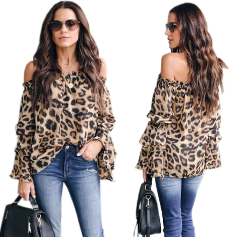 

Lady Sexy Top 2020 New Spring Summer Trumpet Sleeves Loose Strapless Word Collar Leopard Shirt High Quality Fashion Casual Tops
