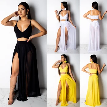 

Women Summer Beach Deep V Party Dress Long Skirt Crop Top Two Piece Set Solid Swimsuit Swimwear Cover Up