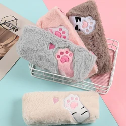 Kawaii Cat Claw Embroidery Pencil Case Plush Pen Bag Zipper Pencil Pouch Desktop Storage Bag School Stationery