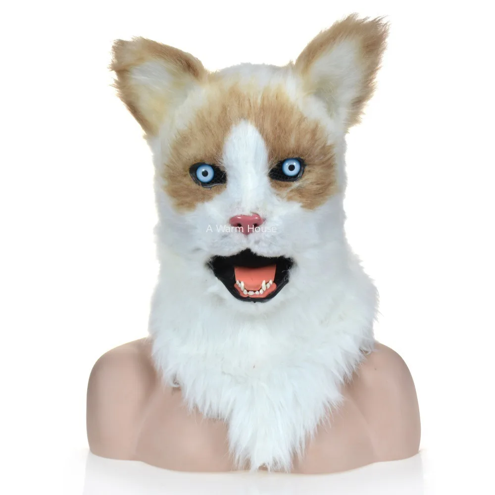 маска кошки белая. реалистичная маска кота. меховая маска. маска кота резиновая. пушистая маска кошки.