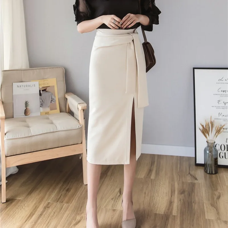 Элегантная юбка осенний разрез до талии Корейская юбка Офисная Женская модная трендовая Однотонная юбка женская юбка на шнуровке