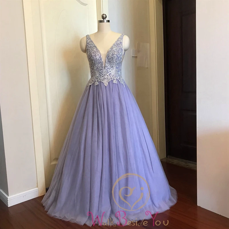 Light Purple Sleeveless A-Line Evening Dresses Applique V Neck Floor Length Long Backless Formal Party Gowns robe de soiree