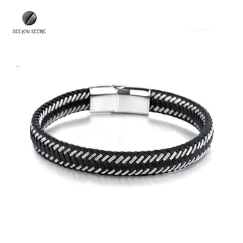 

Men's Simple Fashion Stainless Steel Leather Bracelet Magnetic Buckle Rope Chain charm bracelets