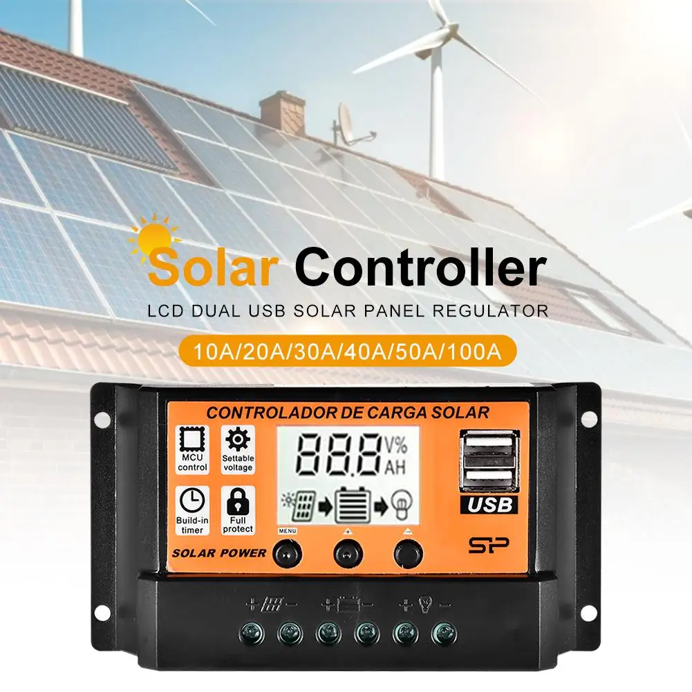 

10/20/30/50/100A LCD Solar Charger Controller Mppt Auto Solar Panel Smart Regulator Dual USB Output 12V 24V Home Battery Charger
