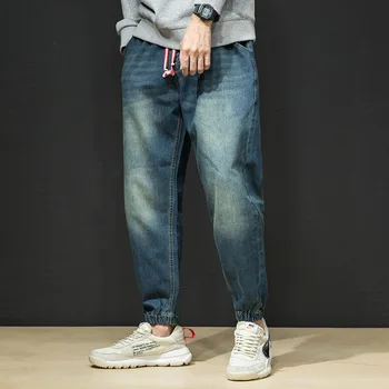 

High Street Denim Pants Men Elastic Waist Jeans Men Japanese Streetwear Blue Harem Trousers Men Plus Size S-5XL Pantalon Homme