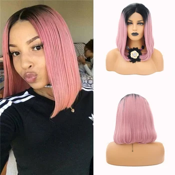 

Charisma Ombre Pink Synthetic Lace Front Wig Middle Part Short Straight Lace Wigs for Women Two Tone Color Heat Resistant Wig