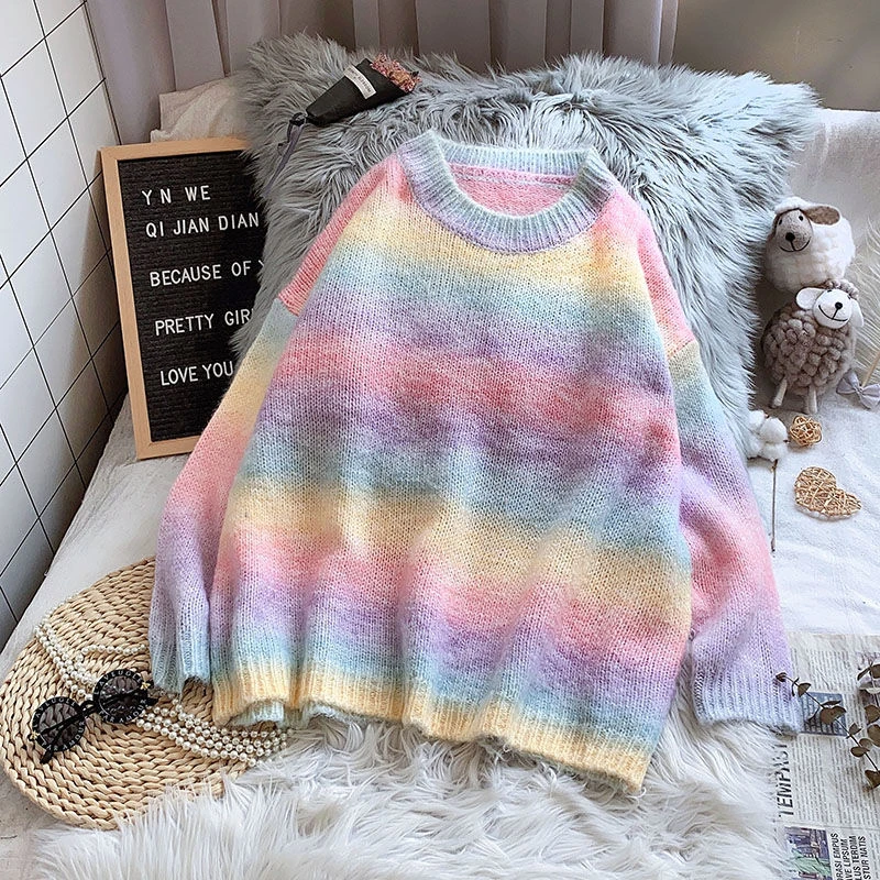 brown sweater Rainbow Cashmere Sweater Women Pullover Spring 2021 Women Sweater Loose College Style Knitted Sweater Top Colorful Thin Section ladies cardigans