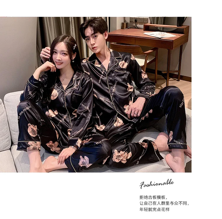 Fashion Sleepwear Silk Satin Pajamas Couple Set Long Button-Down Pyjamas Suit Pijama Women Men Loungewear Plus Size Pj Set M-5XL mens pajama bottoms