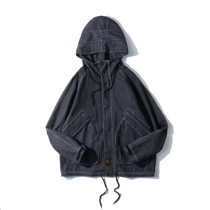 

Tang Mu Cool Spring Clothing Japanese-style Retro Stripes Men Workwear Coat Hooded Loose-Fit INS Popular Brand Casual Jacket