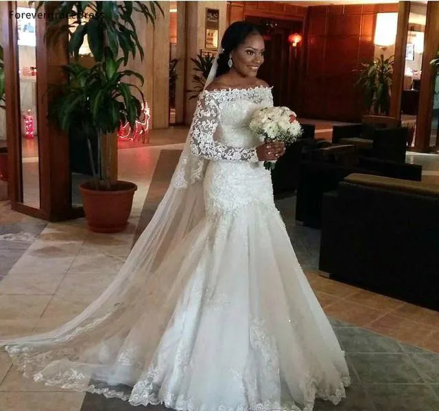 2018 African Nigerian Plus Size Mermaid Lace Wedding Dresses Vintage Off Shoulders Long Sleeves Appliqued Long Bridal Gowns Church Weddings  168