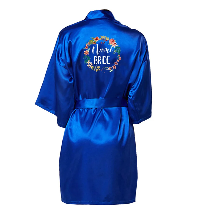Свадебный Атласный халат, индивидуальный Атласный халат с именем на заказ, пижамы, свадебные подарки для подружки невесты, вечерние Халаты для невесты - Цвет: Bride-royal blue