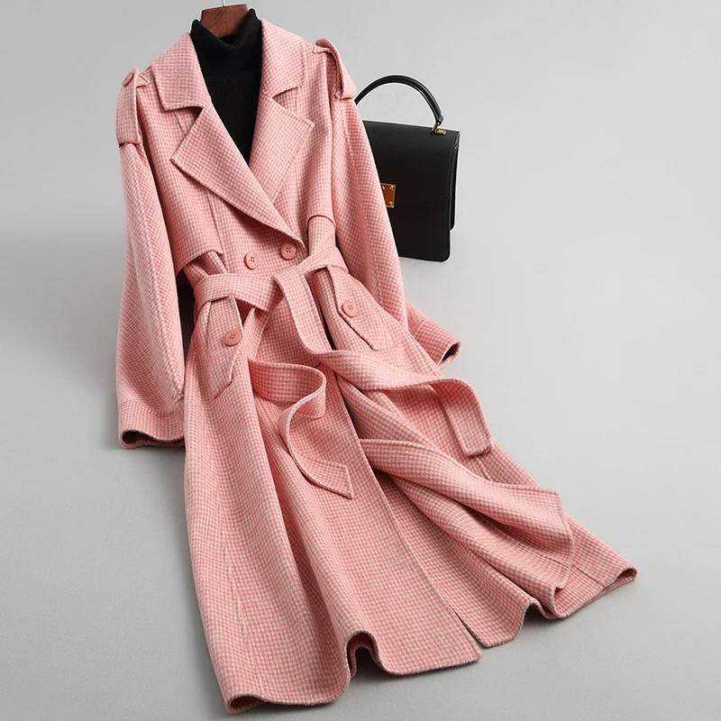 

Double Side 100% Wool Coat Female Jacket Autumn Winter Jacket Women Plaid Woolen Coats Korean Overcoat Abrigo Mujer My