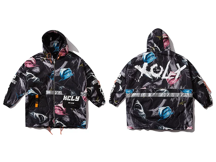 AELFRIC Акула 3d печатных мужские парки куртки Harajuku уличная стеганая зимняя ветровка с капюшоном Повседневная Верхняя одежда в стиле хип-хоп - Цвет: Черный