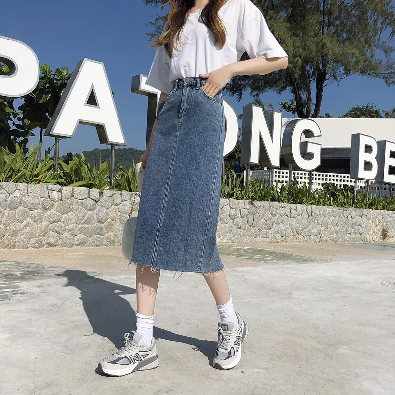 

Chinese Style Skirt 2020 Spring Online Celebrity A- line High-waisted Slimming Hip Large Popular Mid-length Drape Denim Skirt