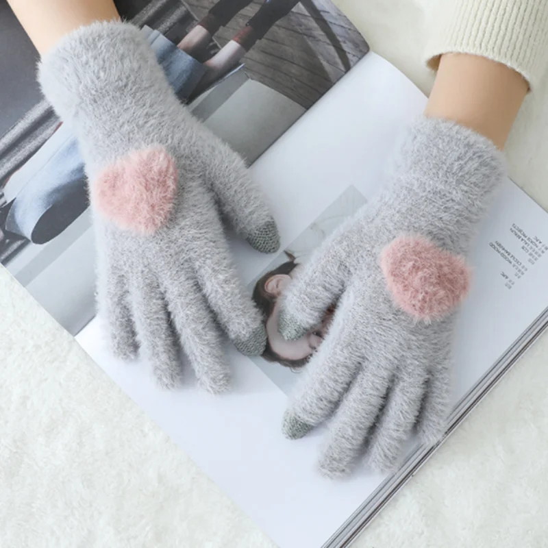 Вязаные женские перчатки с сенсорным экраном, новинка, зимние мягкие вязаные перчатки из кроличьей шерсти, теплые милые розовые рукавицы с сердечками для девочек, перчатки