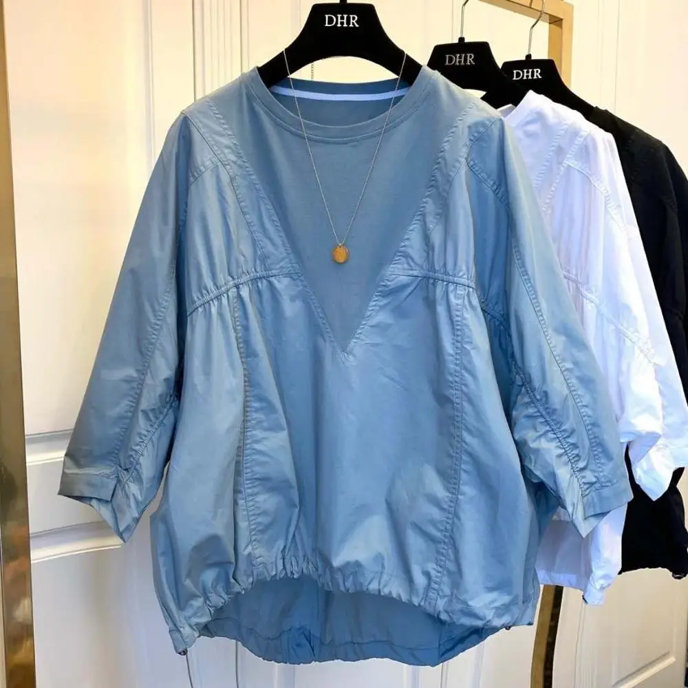 

Autumn New Solid Patchwork Women Pullover Shirts Batwing Sleeve Drawstring Hem Loose Blouse Plus Size Lady Tops Free Shipping