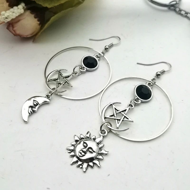 Crescent Goddess Black Birthstone Earrings and Pentagram Witch Moon Earrings Gothic Celestial Jewelry-Sun Jewelry