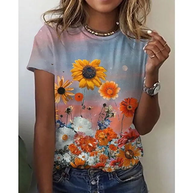 2021 New Women's Rose Flower Pattern Printing Top Fashion Summer Short-sleeved Fashion Casual Plus Size 3D Rose Printing T-shirt t shirt Tees
