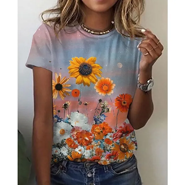 2021 New Women's Rose Flower Pattern Printing Top Fashion Summer Short-sleeved Fashion Casual Plus Size 3D Rose Printing T-shirt Z ROSE-18
