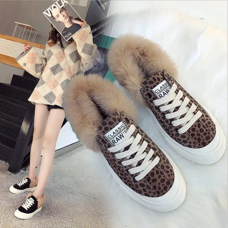 

D-283 Woman Shoes Autumn Winter New Canvas lace-up Flat round head fashion furry Platform femenina Casual shoes Zapatos Mujer