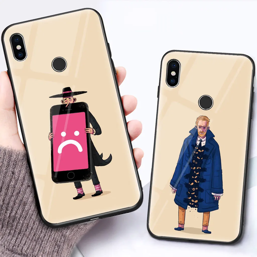 

Frustrated man glass case for mi 9 SE 8 redmi note 7 pro note 6 pro 6A mix 2s funny cartoon illustrations shockproof comic cover