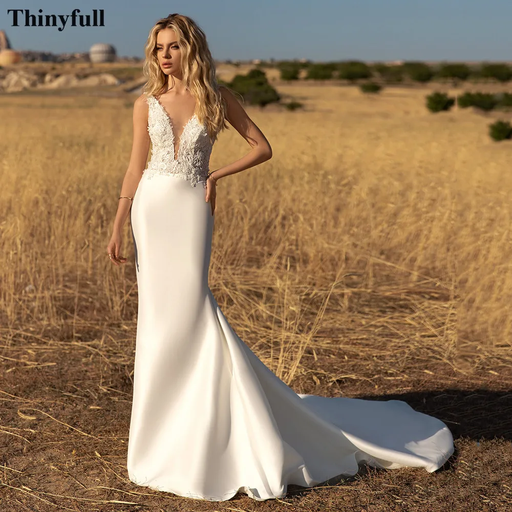 『Cheap!!!』- Thinyfull Simple Soft Satin Mermaid Wedding Party Dresses
Appliques Lace Princess Wedding Party Gowns Backless Long Bride Dress